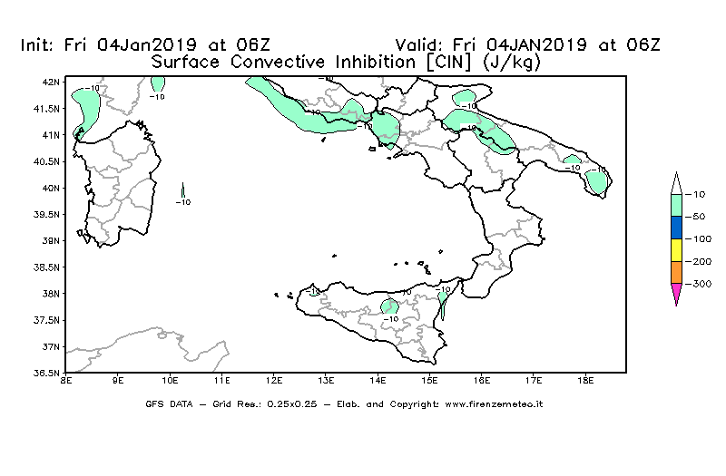 Mappa di analisi GFS - CIN [J/kg] in Sud-Italia
									del 04/01/2019 06 <!--googleoff: index-->UTC<!--googleon: index-->
