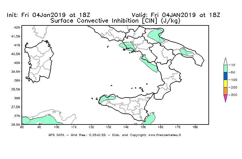 Mappa di analisi GFS - CIN [J/kg] in Sud-Italia
									del 04/01/2019 18 <!--googleoff: index-->UTC<!--googleon: index-->