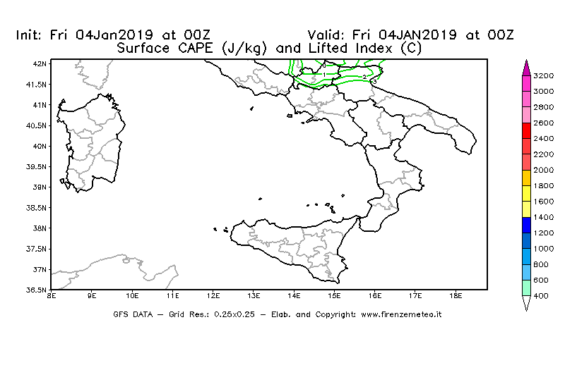 Mappa di analisi GFS - CAPE [J/kg] e Lifted Index [°C] in Sud-Italia
									del 04/01/2019 00 <!--googleoff: index-->UTC<!--googleon: index-->