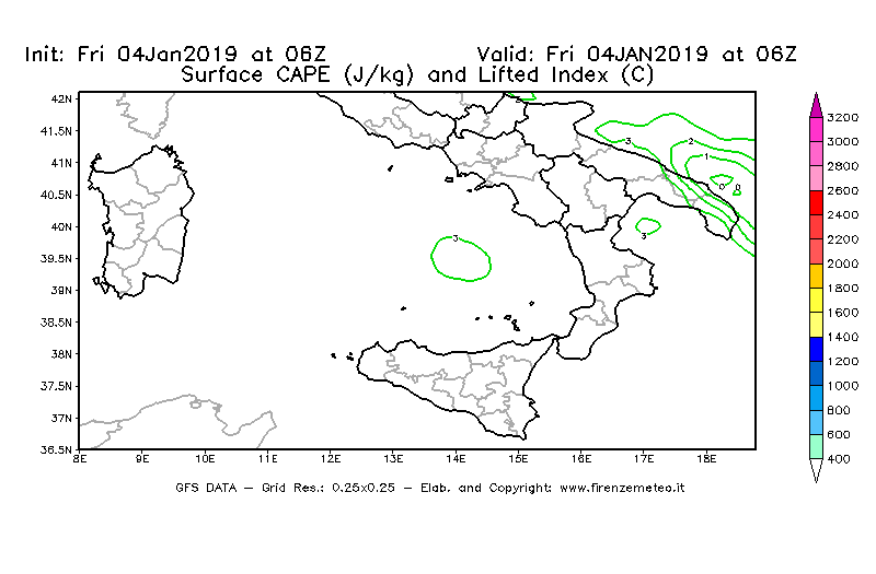 Mappa di analisi GFS - CAPE [J/kg] e Lifted Index [°C] in Sud-Italia
									del 04/01/2019 06 <!--googleoff: index-->UTC<!--googleon: index-->