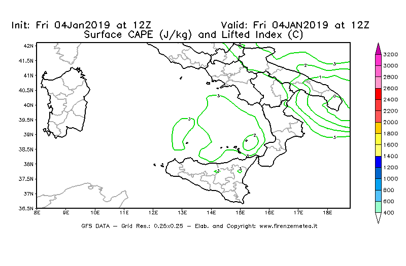 Mappa di analisi GFS - CAPE [J/kg] e Lifted Index [°C] in Sud-Italia
									del 04/01/2019 12 <!--googleoff: index-->UTC<!--googleon: index-->