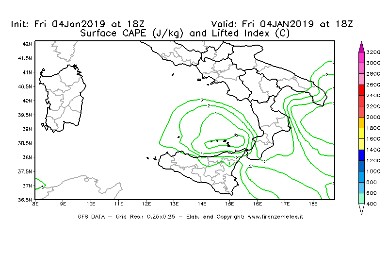 Mappa di analisi GFS - CAPE [J/kg] e Lifted Index [°C] in Sud-Italia
									del 04/01/2019 18 <!--googleoff: index-->UTC<!--googleon: index-->