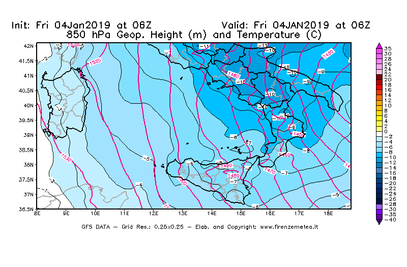Mappa di analisi GFS - Geopotenziale [m] e Temperatura [°C] a 850 hPa in Sud-Italia
									del 04/01/2019 06 <!--googleoff: index-->UTC<!--googleon: index-->
