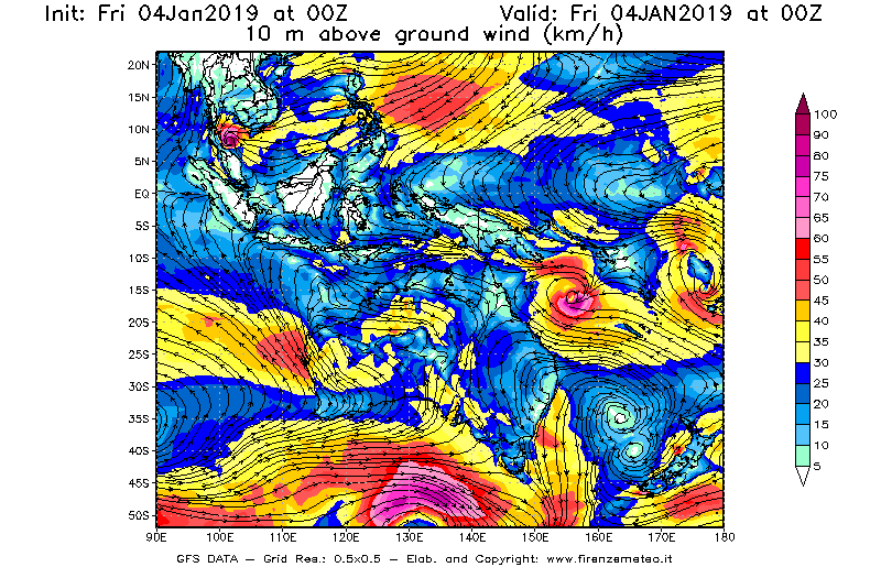 Mappa di analisi GFS - Velocità del vento a 10 metri dal suolo [km/h] in Oceania
							del 04/01/2019 00 <!--googleoff: index-->UTC<!--googleon: index-->