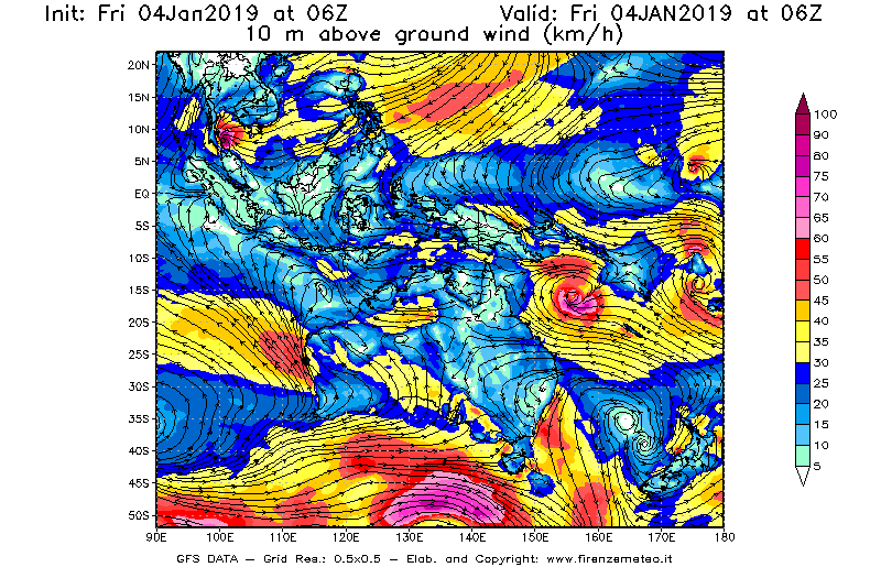 Mappa di analisi GFS - Velocità del vento a 10 metri dal suolo [km/h] in Oceania
							del 04/01/2019 06 <!--googleoff: index-->UTC<!--googleon: index-->