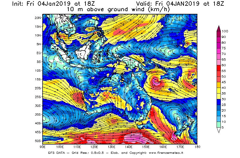 Mappa di analisi GFS - Velocità del vento a 10 metri dal suolo [km/h] in Oceania
									del 04/01/2019 18 <!--googleoff: index-->UTC<!--googleon: index-->