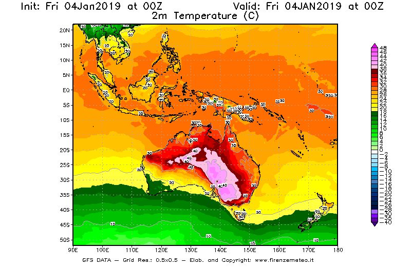 Mappa di analisi GFS - Temperatura a 2 metri dal suolo [°C] in Oceania
							del 04/01/2019 00 <!--googleoff: index-->UTC<!--googleon: index-->