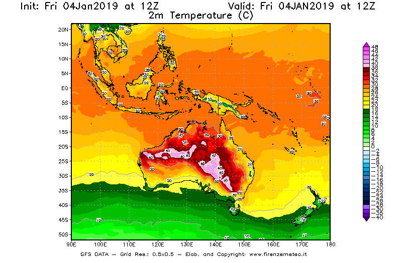 Mappa di analisi GFS - Temperatura a 2 metri dal suolo [°C] in Oceania
							del 04/01/2019 12 <!--googleoff: index-->UTC<!--googleon: index-->