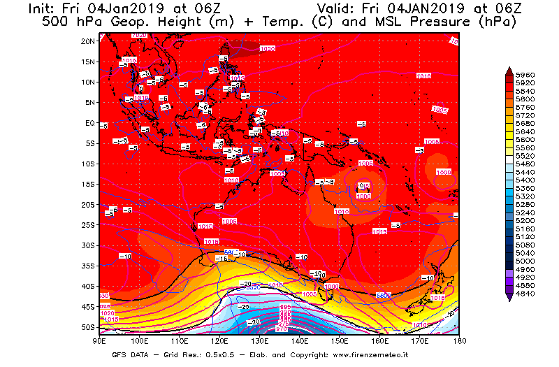 Mappa di analisi GFS - Geopotenziale [m] + Temp. [°C] a 500 hPa + Press. a livello del mare [hPa] in Oceania
									del 04/01/2019 06 <!--googleoff: index-->UTC<!--googleon: index-->