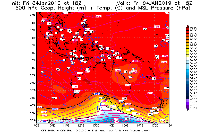 Mappa di analisi GFS - Geopotenziale [m] + Temp. [°C] a 500 hPa + Press. a livello del mare [hPa] in Oceania
							del 04/01/2019 18 <!--googleoff: index-->UTC<!--googleon: index-->