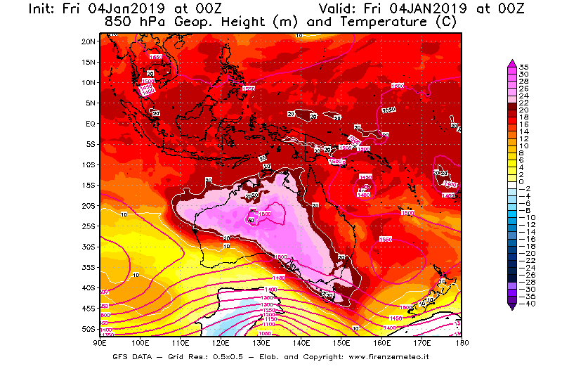Mappa di analisi GFS - Geopotenziale [m] e Temperatura [°C] a 850 hPa in Oceania
									del 04/01/2019 00 <!--googleoff: index-->UTC<!--googleon: index-->