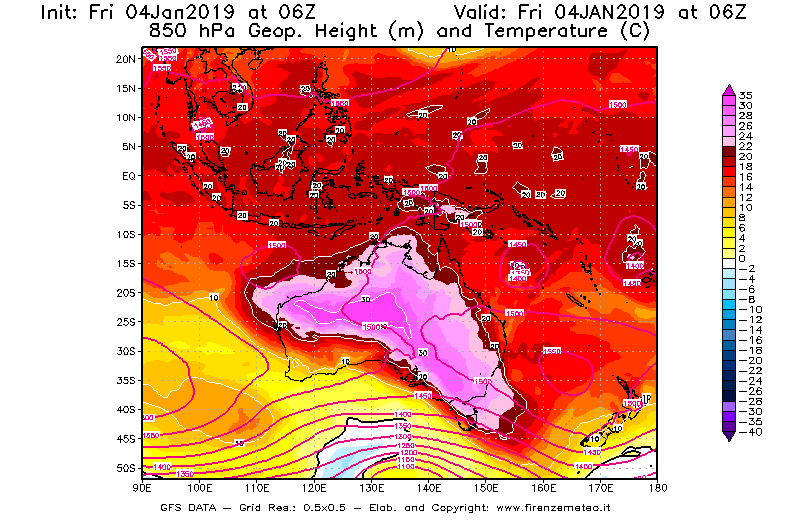 Mappa di analisi GFS - Geopotenziale [m] e Temperatura [°C] a 850 hPa in Oceania
							del 04/01/2019 06 <!--googleoff: index-->UTC<!--googleon: index-->