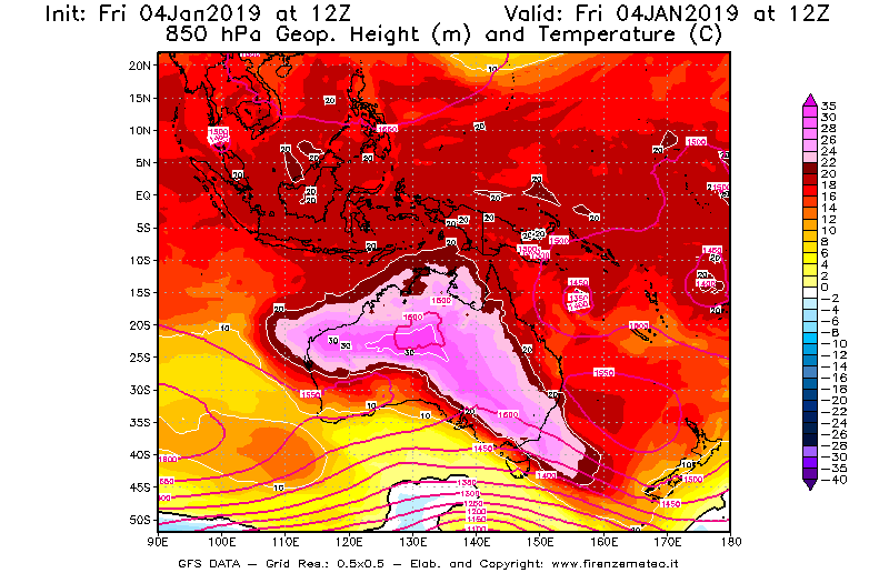 Mappa di analisi GFS - Geopotenziale [m] e Temperatura [°C] a 850 hPa in Oceania
							del 04/01/2019 12 <!--googleoff: index-->UTC<!--googleon: index-->
