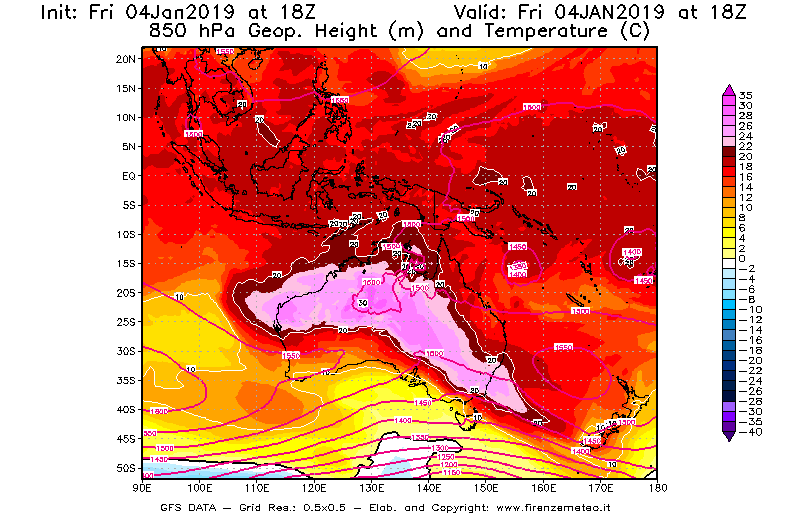 Mappa di analisi GFS - Geopotenziale [m] e Temperatura [°C] a 850 hPa in Oceania
							del 04/01/2019 18 <!--googleoff: index-->UTC<!--googleon: index-->