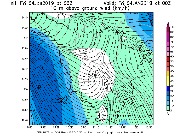 Mappa di analisi GFS - Velocità del vento a 10 metri dal suolo [km/h] in Toscana
							del 04/01/2019 00 <!--googleoff: index-->UTC<!--googleon: index-->