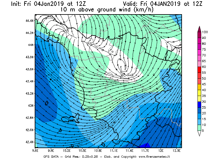 Mappa di analisi GFS - Velocità del vento a 10 metri dal suolo [km/h] in Toscana
							del 04/01/2019 12 <!--googleoff: index-->UTC<!--googleon: index-->