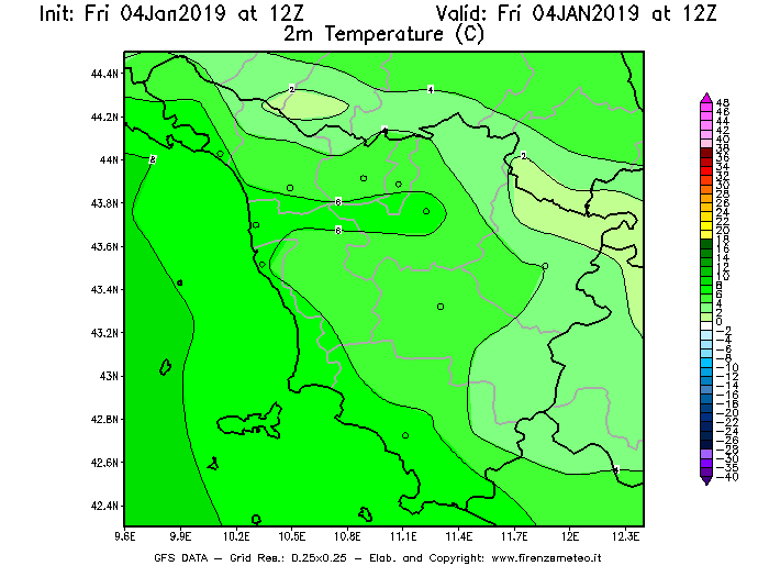 Mappa di analisi GFS - Temperatura a 2 metri dal suolo [°C] in Toscana
									del 04/01/2019 12 <!--googleoff: index-->UTC<!--googleon: index-->