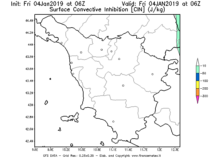 Mappa di analisi GFS - CIN [J/kg] in Toscana
									del 04/01/2019 06 <!--googleoff: index-->UTC<!--googleon: index-->