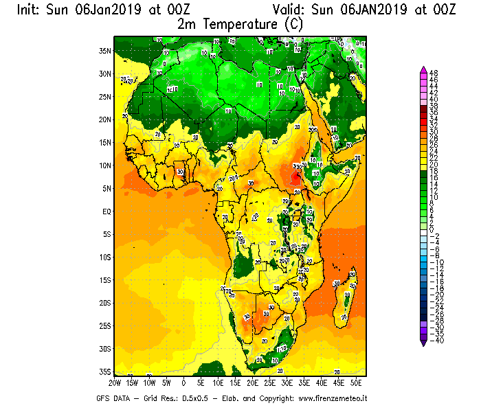 Mappa di analisi GFS - Temperatura a 2 metri dal suolo [°C] in Africa
							del 06/01/2019 00 <!--googleoff: index-->UTC<!--googleon: index-->