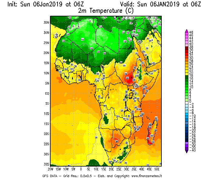 Mappa di analisi GFS - Temperatura a 2 metri dal suolo [°C] in Africa
							del 06/01/2019 06 <!--googleoff: index-->UTC<!--googleon: index-->