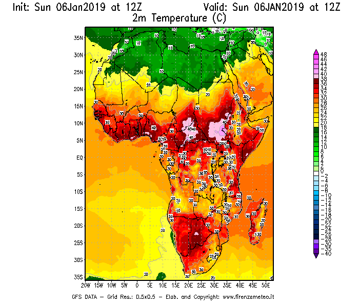 Mappa di analisi GFS - Temperatura a 2 metri dal suolo [°C] in Africa
							del 06/01/2019 12 <!--googleoff: index-->UTC<!--googleon: index-->