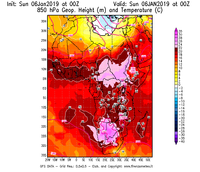 Mappa di analisi GFS - Geopotenziale [m] e Temperatura [°C] a 850 hPa in Africa
							del 06/01/2019 00 <!--googleoff: index-->UTC<!--googleon: index-->
