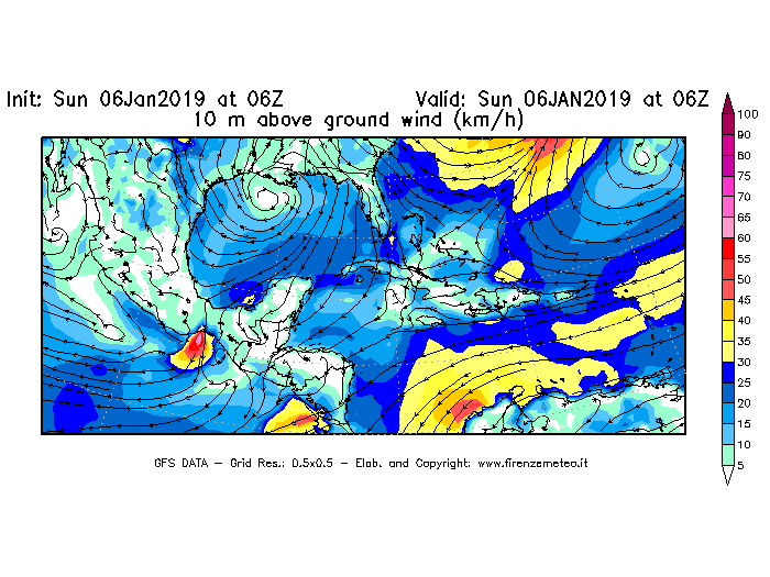 Mappa di analisi GFS - Velocità del vento a 10 metri dal suolo [km/h] in Centro-America
							del 06/01/2019 06 <!--googleoff: index-->UTC<!--googleon: index-->