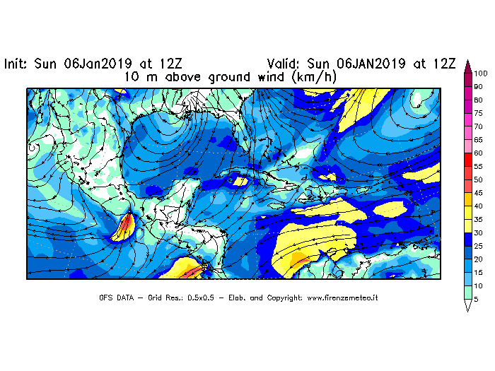 Mappa di analisi GFS - Velocità del vento a 10 metri dal suolo [km/h] in Centro-America
							del 06/01/2019 12 <!--googleoff: index-->UTC<!--googleon: index-->