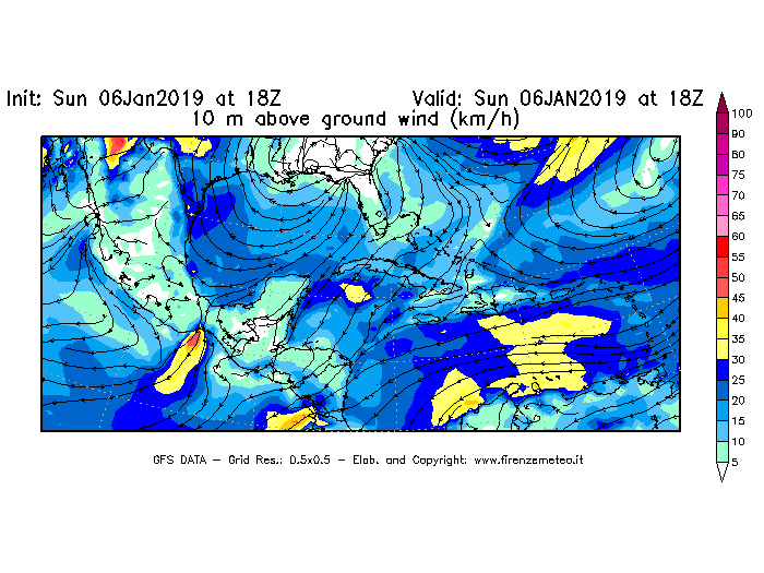 Mappa di analisi GFS - Velocità del vento a 10 metri dal suolo [km/h] in Centro-America
							del 06/01/2019 18 <!--googleoff: index-->UTC<!--googleon: index-->