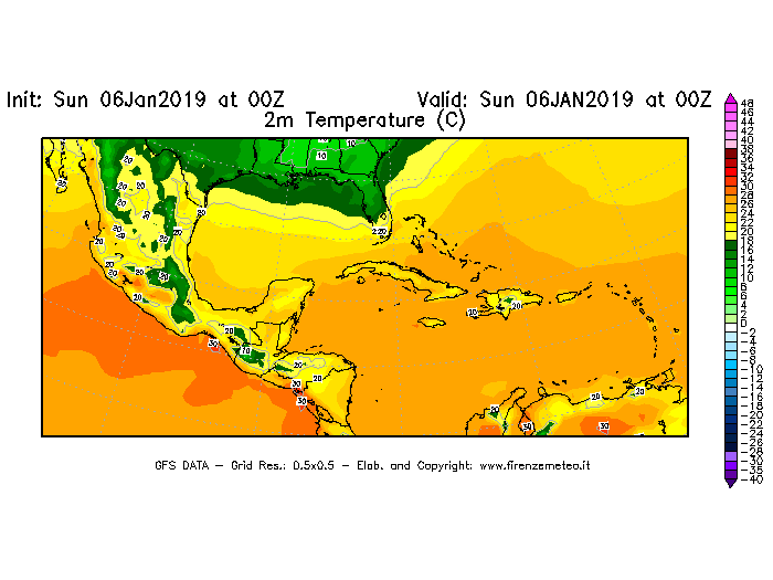 Mappa di analisi GFS - Temperatura a 2 metri dal suolo [°C] in Centro-America
							del 06/01/2019 00 <!--googleoff: index-->UTC<!--googleon: index-->