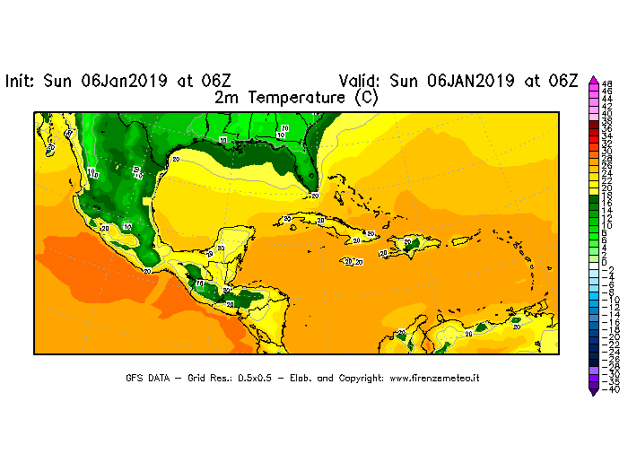 Mappa di analisi GFS - Temperatura a 2 metri dal suolo [°C] in Centro-America
							del 06/01/2019 06 <!--googleoff: index-->UTC<!--googleon: index-->