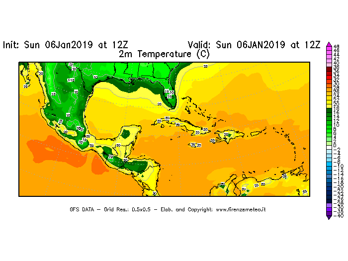 Mappa di analisi GFS - Temperatura a 2 metri dal suolo [°C] in Centro-America
							del 06/01/2019 12 <!--googleoff: index-->UTC<!--googleon: index-->