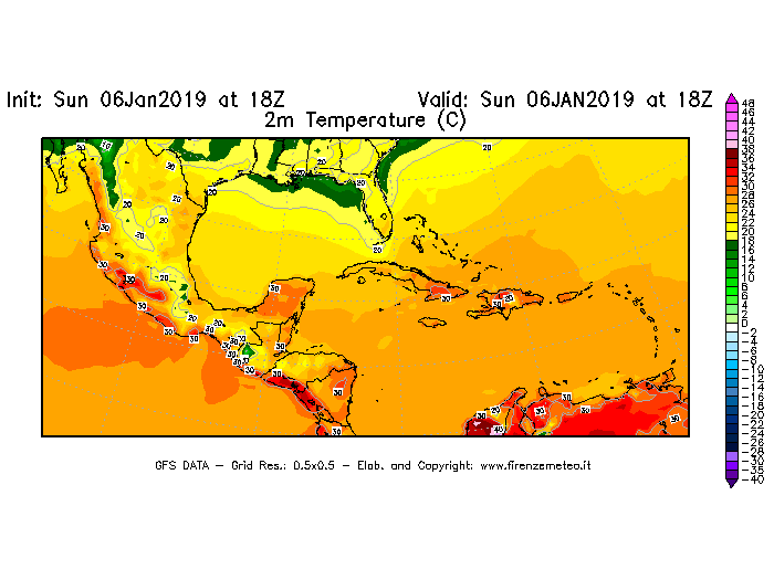 Mappa di analisi GFS - Temperatura a 2 metri dal suolo [°C] in Centro-America
							del 06/01/2019 18 <!--googleoff: index-->UTC<!--googleon: index-->