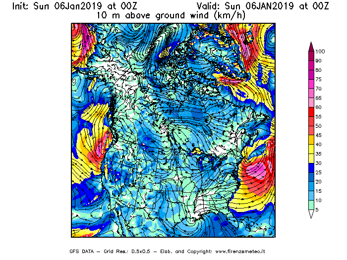 Mappa di analisi GFS - Velocità del vento a 10 metri dal suolo [km/h] in Nord-America
							del 06/01/2019 00 <!--googleoff: index-->UTC<!--googleon: index-->