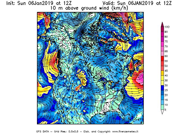 Mappa di analisi GFS - Velocità del vento a 10 metri dal suolo [km/h] in Nord-America
							del 06/01/2019 12 <!--googleoff: index-->UTC<!--googleon: index-->