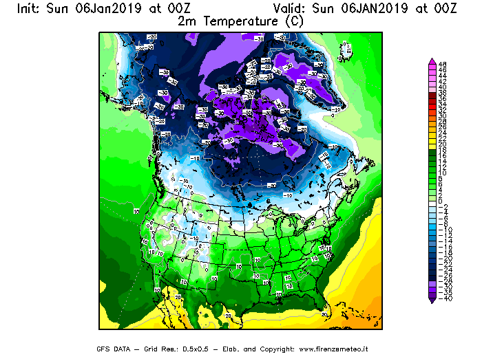 Mappa di analisi GFS - Temperatura a 2 metri dal suolo [°C] in Nord-America
							del 06/01/2019 00 <!--googleoff: index-->UTC<!--googleon: index-->