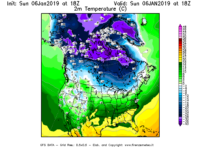 Mappa di analisi GFS - Temperatura a 2 metri dal suolo [°C] in Nord-America
							del 06/01/2019 18 <!--googleoff: index-->UTC<!--googleon: index-->