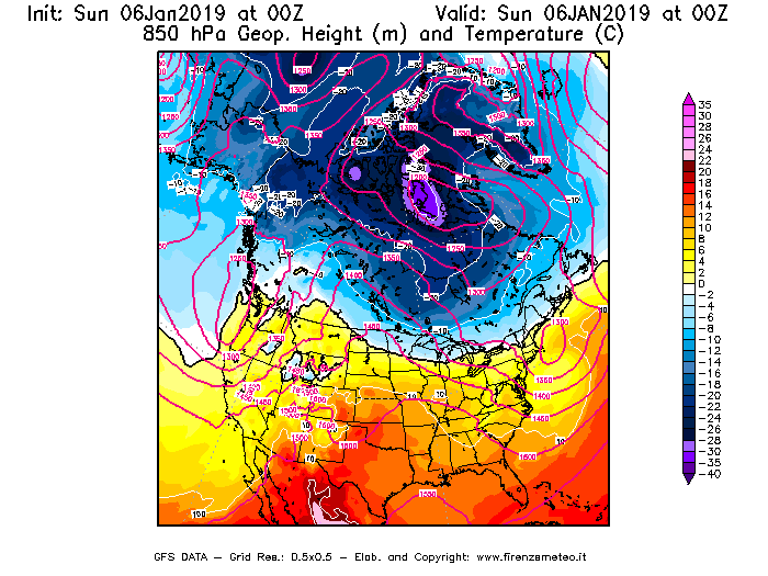 Mappa di analisi GFS - Geopotenziale [m] e Temperatura [°C] a 850 hPa in Nord-America
							del 06/01/2019 00 <!--googleoff: index-->UTC<!--googleon: index-->