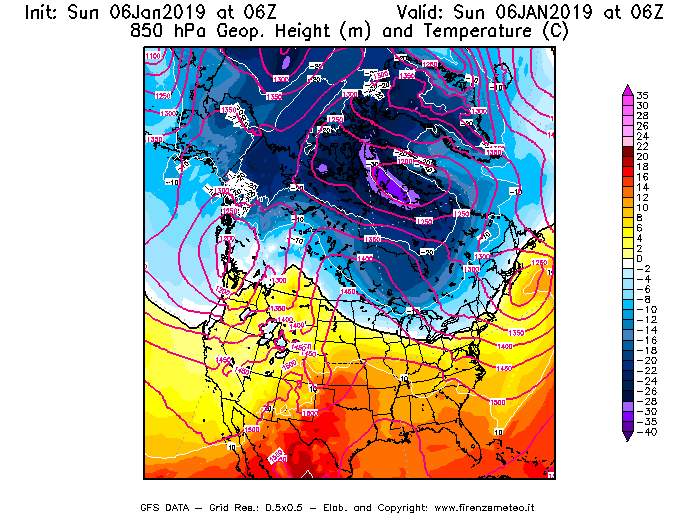 Mappa di analisi GFS - Geopotenziale [m] e Temperatura [°C] a 850 hPa in Nord-America
							del 06/01/2019 06 <!--googleoff: index-->UTC<!--googleon: index-->