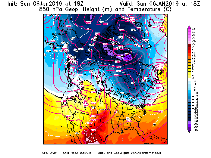 Mappa di analisi GFS - Geopotenziale [m] e Temperatura [°C] a 850 hPa in Nord-America
							del 06/01/2019 18 <!--googleoff: index-->UTC<!--googleon: index-->
