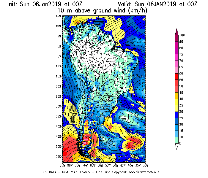 Mappa di analisi GFS - Velocità del vento a 10 metri dal suolo [km/h] in Sud-America
							del 06/01/2019 00 <!--googleoff: index-->UTC<!--googleon: index-->