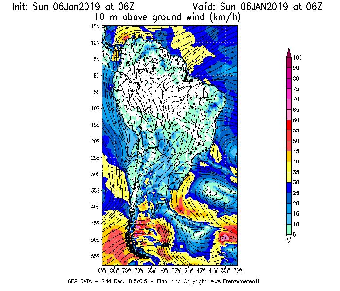 Mappa di analisi GFS - Velocità del vento a 10 metri dal suolo [km/h] in Sud-America
							del 06/01/2019 06 <!--googleoff: index-->UTC<!--googleon: index-->