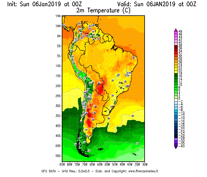 Mappa di analisi GFS - Temperatura a 2 metri dal suolo [°C] in Sud-America
							del 06/01/2019 00 <!--googleoff: index-->UTC<!--googleon: index-->