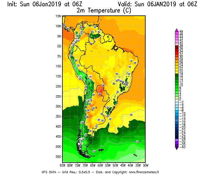Mappa di analisi GFS - Temperatura a 2 metri dal suolo [°C] in Sud-America
							del 06/01/2019 06 <!--googleoff: index-->UTC<!--googleon: index-->