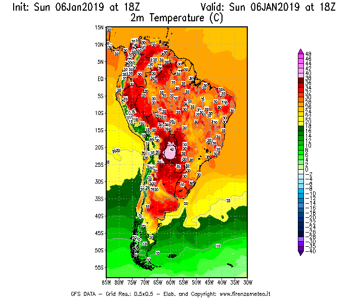 Mappa di analisi GFS - Temperatura a 2 metri dal suolo [°C] in Sud-America
							del 06/01/2019 18 <!--googleoff: index-->UTC<!--googleon: index-->