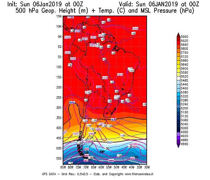 Mappa di analisi GFS - Geopotenziale [m] + Temp. [°C] a 500 hPa + Press. a livello del mare [hPa] in Sud-America
							del 06/01/2019 00 <!--googleoff: index-->UTC<!--googleon: index-->