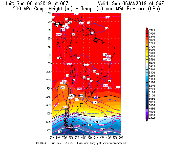 Mappa di analisi GFS - Geopotenziale [m] + Temp. [°C] a 500 hPa + Press. a livello del mare [hPa] in Sud-America
							del 06/01/2019 06 <!--googleoff: index-->UTC<!--googleon: index-->