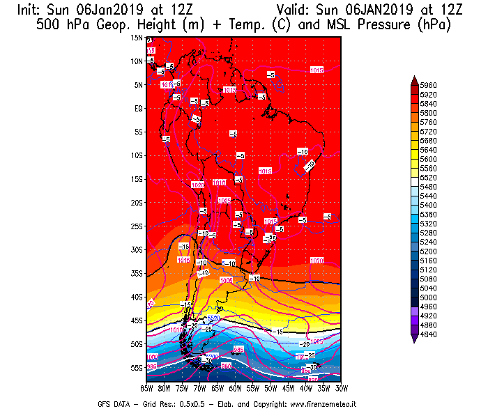 Mappa di analisi GFS - Geopotenziale [m] + Temp. [°C] a 500 hPa + Press. a livello del mare [hPa] in Sud-America
							del 06/01/2019 12 <!--googleoff: index-->UTC<!--googleon: index-->