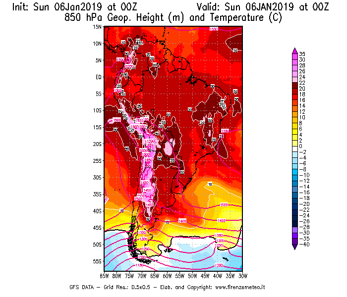 Mappa di analisi GFS - Geopotenziale [m] e Temperatura [°C] a 850 hPa in Sud-America
							del 06/01/2019 00 <!--googleoff: index-->UTC<!--googleon: index-->