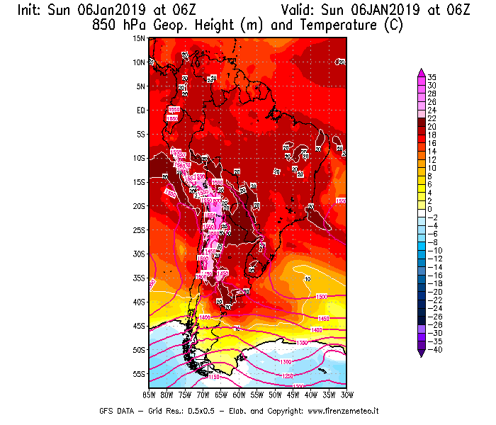 Mappa di analisi GFS - Geopotenziale [m] e Temperatura [°C] a 850 hPa in Sud-America
							del 06/01/2019 06 <!--googleoff: index-->UTC<!--googleon: index-->